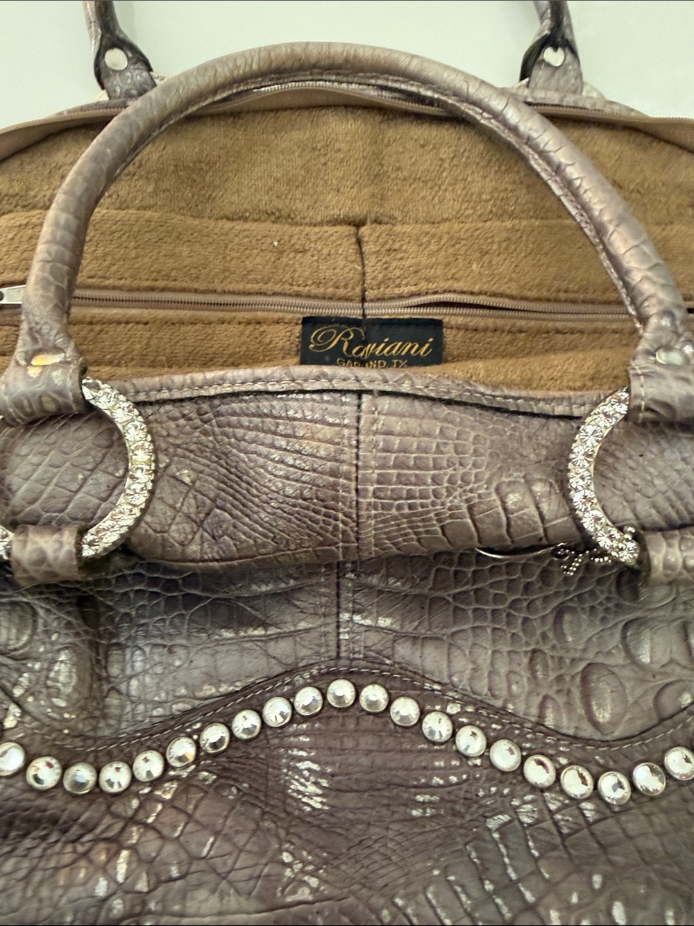 Raviani Metallic Taupe Croc-Embossed Satchel with Crystals